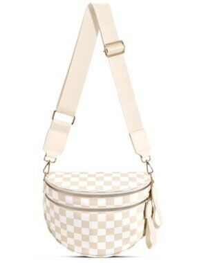 Checkered Nylon Crossbody Bum Bag Fanny Pack with Expandable Bottom, Adjustable